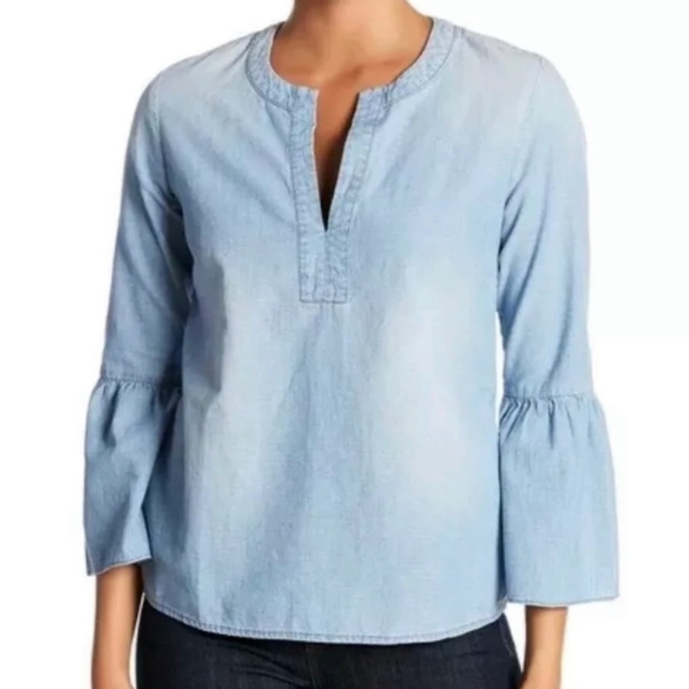 J. Crew Top Chambray Blue Split Neck XS Blouse